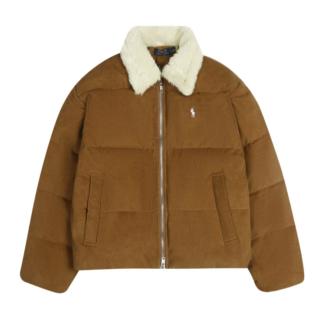 P610 White background picture [Popular item] Style number: 24382# Color: Khaki Brown Size: S to The original YKK white copper nude zipper has zipper pockets on both sides ✅ - RL2024 new down jacket Khaki corduroy cotton jacket The warm atmosphere of autumn and winter is online. The comfort brought by the cotton corduroy face and the three-dimensional grain velvet lapels. The high-waisted short version takes into account both the fit and warmth.